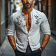 Men's Cotton And Linen Embroidered Round Neck Long Sleeve Shirt