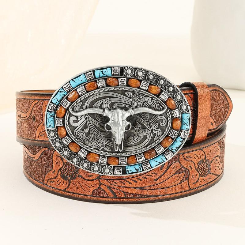 Men's Vintage Embossed Western Cowhide Leather Belt