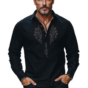 Men's Comfortable Cotton And Linen Embroidered Button Collar T-Shirt