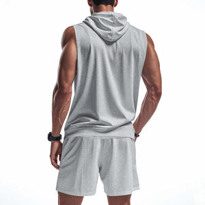 Men's Solid Color Sports Sleeveless Hoody Shorts Two-Piece Set