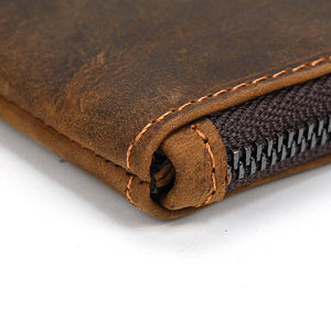 Men's Vintage Crazy Horse Leather Large Capacity Zip Long Wallet