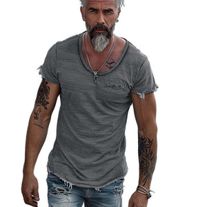 Men's Retro Solid Color Round Neck Raw Edge Short Sleeve T-Shirt