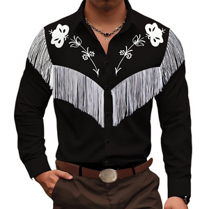 Men's Vintage Embroidered Tassel Long Sleeve Cotton Shirt