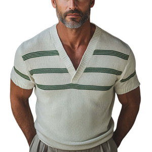Men's Retro V-neck Knitted Short Sleeve T-shirt