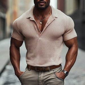 Men's Solid Color Woolen Slim Fit Short-sleeved Polo Shirt