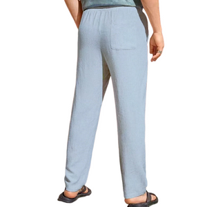 Men's Casual Cotton Linen Elastic Waist Straight Pants