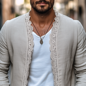 Men's Spring New Retro Casual Ethnic Style Lace Stitching Cotton And Linen Cardigan