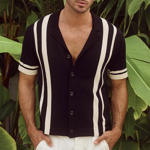 Men's Knit Striped Notch Lapel Single Breasted Short Sleeve Polo Shirt