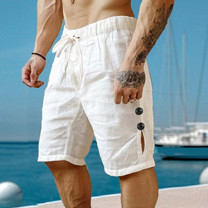 Men's Cotton And Linen Solid Color Button Shorts