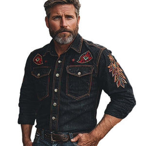 Men's Vintage Embroidered Long Sleeve Denim Shirt