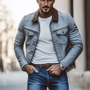 Men's Gray Distressed Lapel Washed Denim Jacket