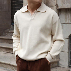 Men's Solid Color Lapel Long Sleeve Knit Polo Shirt
