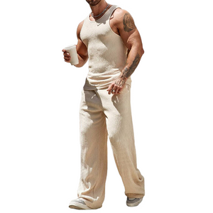 Men's Solid Color Tank Top And Trousers Beach Two-Piece Set