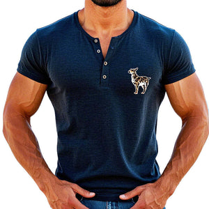 Men's Blended Puppy Print Henley Neck Short Sleeve T-Shirt