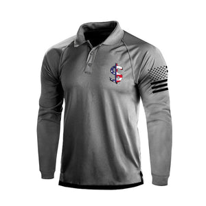 DOLLAR PATTERN PRINT USA FLAG 1/4 BUTTON RAGLAN LONG SLEEVE POLO SHIRT