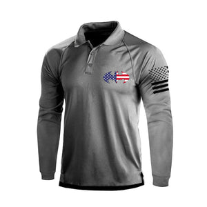 ROUND BAT PATTERN PRINT USA FLAG 1/4 BUTTON RAGLAN LONG SLEEVE POLO SHIRT