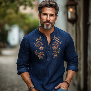 Men's Navy Blue Cotton And Linen Vintage Embroidered Long Sleeve T-Shirt