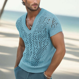 Men's Summer Fashion V-neck Knitted Mesh Breathable T-shirt