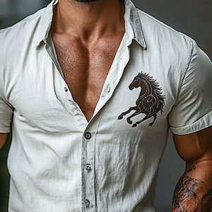 Men's Horse Print Lapel Short Sleeve Shirt