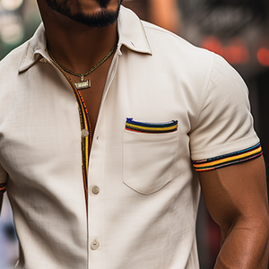 Men's Fashion Casual Slim Fit Colorful Ribbon Stitching Cotton And Linen Short Sleeve Shirt
