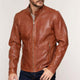 Men's Vintage Orange Snap Collar Zipper Leather Jacket