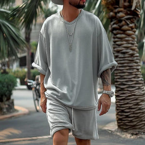 Men's Solid Loose V Neck Short Sleeve T-shirt Shorts Casual Set