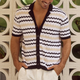 Men's Knit Wavy Pattern Notch Lapel Single Breasted Short Sleeve Polo Shirt