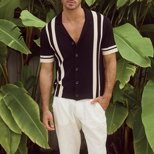 Men's Knit Striped Notch Lapel Single Breasted Short Sleeve Polo Shirt