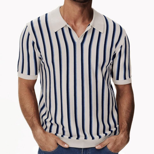 Men's Casual Contrast Color Striped Lapel Knitted Loose Short-Sleeve Polo Shirt