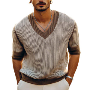 Men's Summer V-neck Thin Knitted Short-sleeved T-shirt