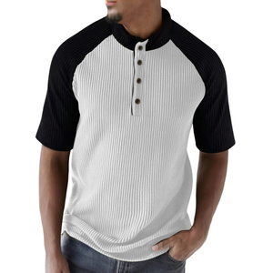 Men's Casual Contrast Color Pitted Henley Collar Loose Short Sleeve T-Shirt