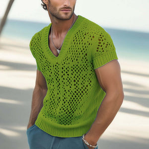 Men's Summer Fashion V-neck Knitted Mesh Breathable T-shirt