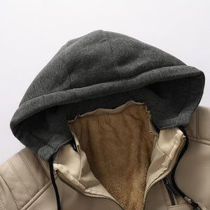 Men's Vintage Hooded Fleece Warm Zip-Up Slim Fit Leather Jacket