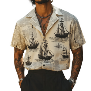 Men's Retro Casual Sailing Ship Print Lapel Short Sleeve Shirt