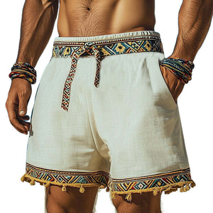 Men's Summer Retro Embroidered Cotton And Linen Shorts