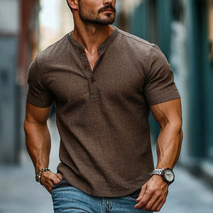 Men's Cotton And Linen Henley Short Sleeve T-Shirt