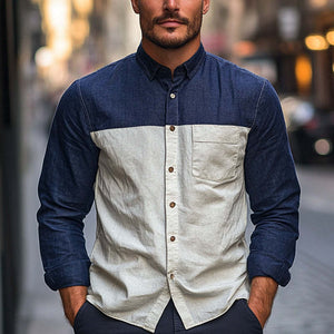 Men's Cotton And Linen Contrast Stitching Basic Long-Sleeved Shirt
