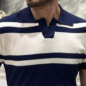 Men's Knitted Lapel Striped Short Sleeve POLO Shirt