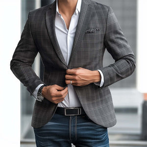 Men's Spring And Autumn Basic Gray Plaid Two-Button Blazer
