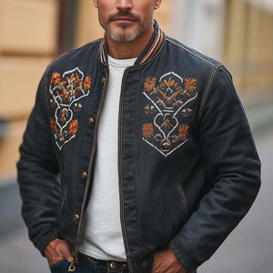 Men's Vintage Western Denim Distressed Embroidered Button Up Jacket