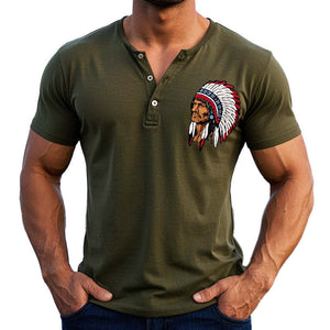 Men's Casual Printed Henley Neck Short Sleeve T-Shirt