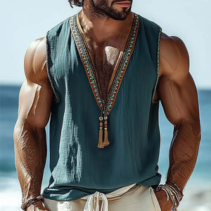 Men's Summer V-neck Vintage Embroidered Tank Top