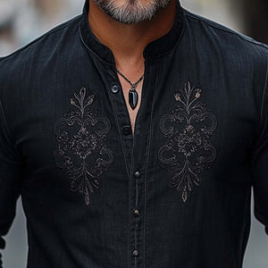 Men's Comfortable Cotton And Linen Embroidered Button Collar T-Shirt