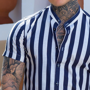 Men's Retro Stripe Print Linen Stand Collar Short Sleeve Shirt