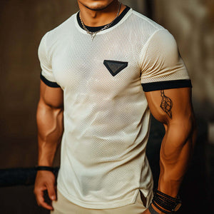 Men's Retro Casual Mesh Fabric Color Block Round Neck Short Sleeve T-Shirt