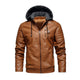 Men's Vintage Hooded Fleece Warm Zip-Up Slim Fit Leather Jacket