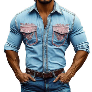 Men's Vintage Western Cowboy Distressed Embroidered Shirt