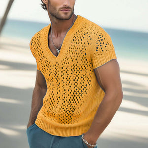 Men's Summer Fashion V-neck Knitted Mesh Breathable T-shirt