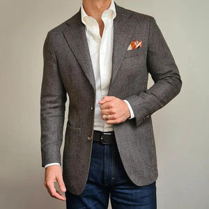 Men's Vintage Herringbone Notch Lapel Two Buttons Slim Blazer