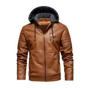 Men's Vintage Hooded Fleece Warm Zip-Up Slim Fit Leather Jacket